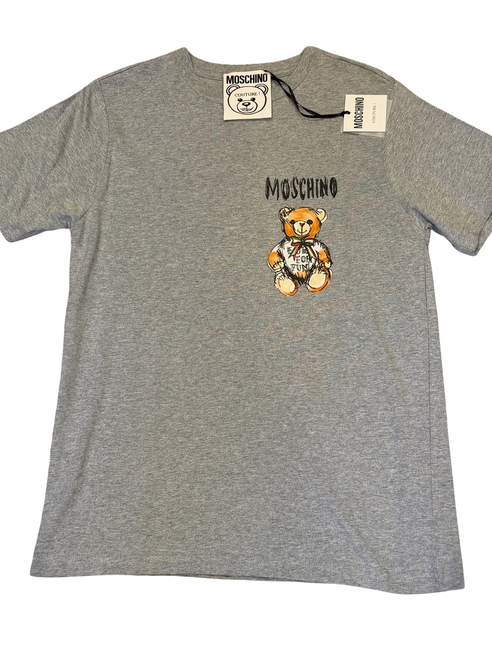 Moschino Grey Tee with Orange Teddy Bear Graphic